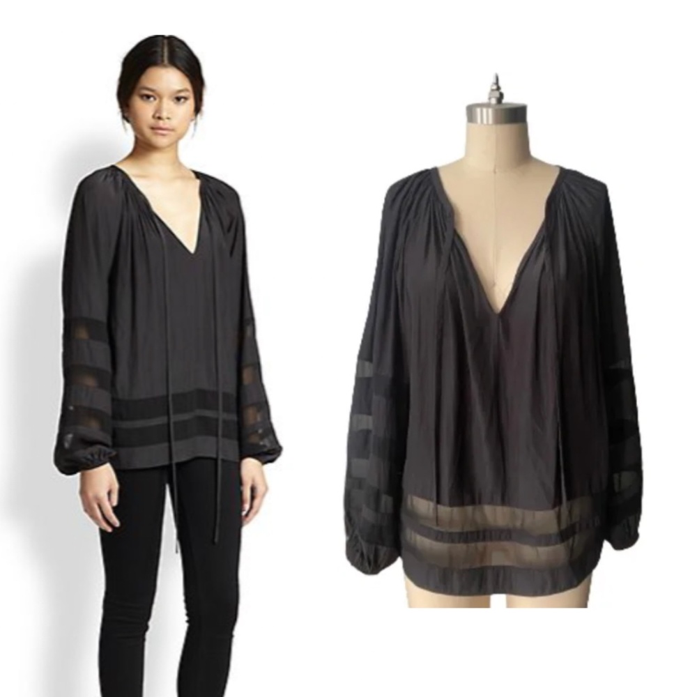 Ramy Brook Black Silk V-Neck Peasant Blouse, Sheer Panels, Long Sleeves Size S/M